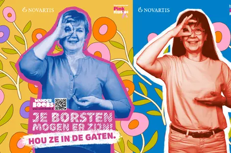 Illustration of women holding up one breast and focussing on one eye